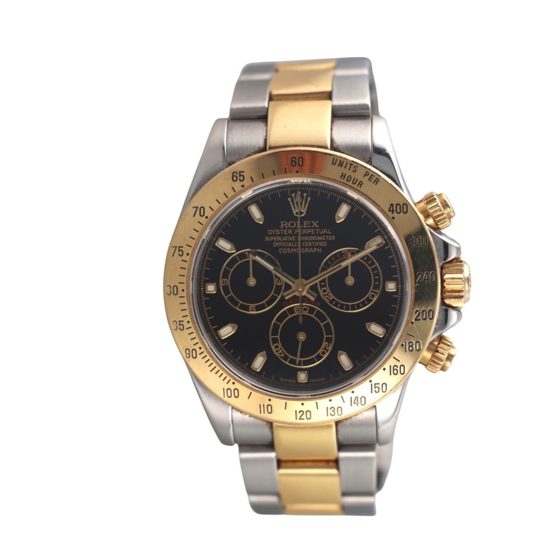 Rolex Daytona Cosmograph Two Tone Gold Steel Black Dial Watch re. 116523: Metal : 18k Yellow Gold / Stainless Steel Designer : Rolex Movement : Automatic - working order. Measurements : Case 40mm, two tone oyster band. Reference/Model: : Ref. 116523, Ser# K710**