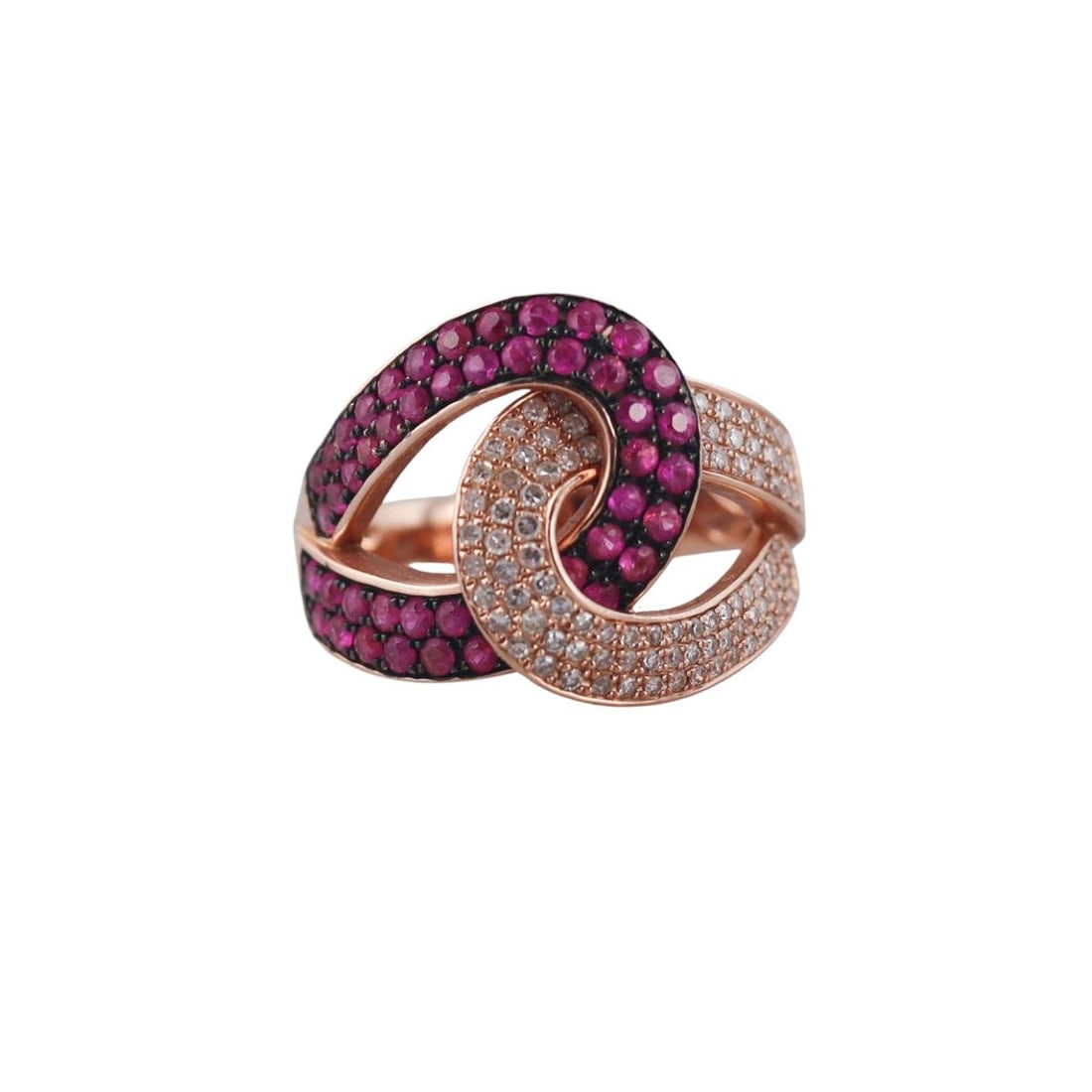 Effy 14k Rose Gold Diamond Ruby Intertwined Ring: Metal : 14k Rose Gold Designer : Effy Gemstone : Ruby 0.78ctw, Diamonds 0.37ctw. Measurements : Ring size 7, top is 17mm x 22mm. Marked: : EFFY 14k. Weight: : 6.3 grams Condition: : Excellent. Additio