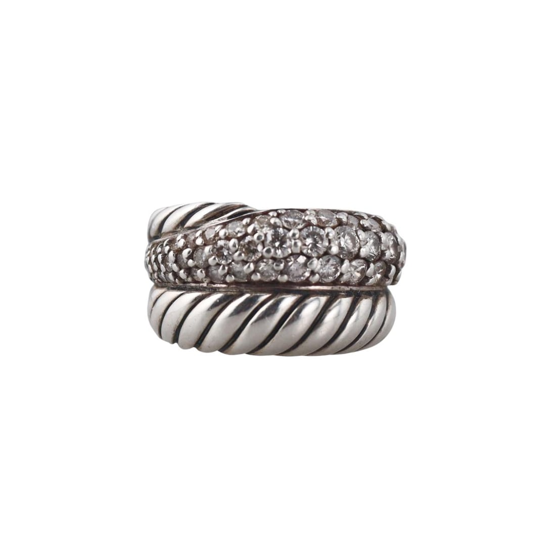 David Yurman Thoroughbred Silver Diamond Ring: Metal : Sterling Silver Designer : David Yurman Gemstone : Diamonds approx. 1.17ctw. Measurements : Ring size 5, width 11.5mm. Marked: : DY, 925. Weight: : 6.9 grams Condition: : Excellent. Additional