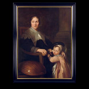 Antoon Van Dyck(Anversa 1599 –Londra 1641), attr.a Ritratto di Elizabeth Loemans e suo figlio: Questo pregevolissimo ritratto è stato attribuito da Robert Finch nel 1955 a Van Dyck nel 1955. L'effigiata, figlia del noto incisore di Anversa Aernout Loemans, sposa nel 1635 Pieter de Jode il Gi