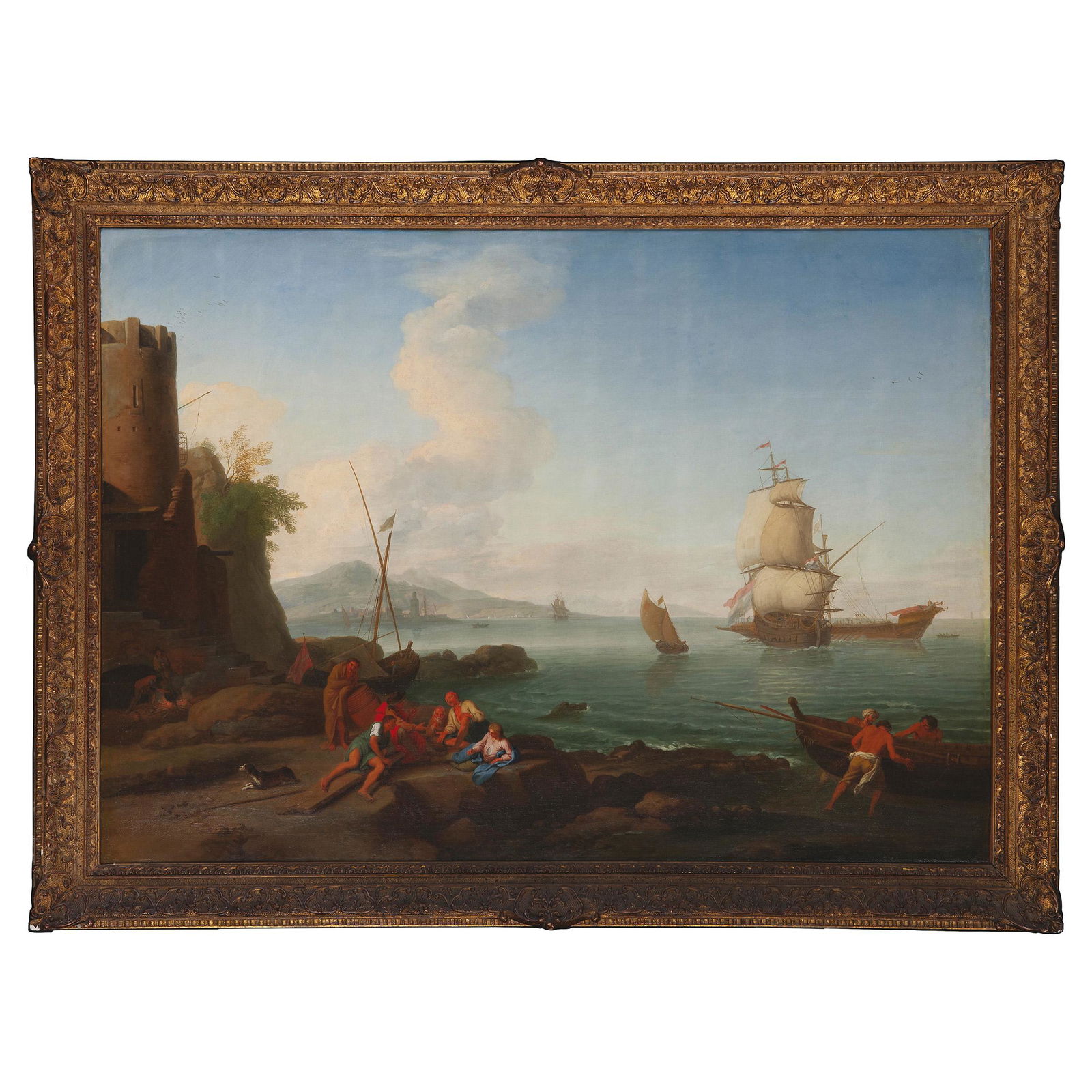 Adrien Manglard (Lione 1695 â€“ Roma 1760), Marina con figure: Questo dipinto, firmato dal pittore francese, Ã¨ direttamente riferibile alla piÃ¹ tipica produzione dell'autore, che risiede stabilmente in Italia dopo l'ammissione all'Accademia di San Luca di R