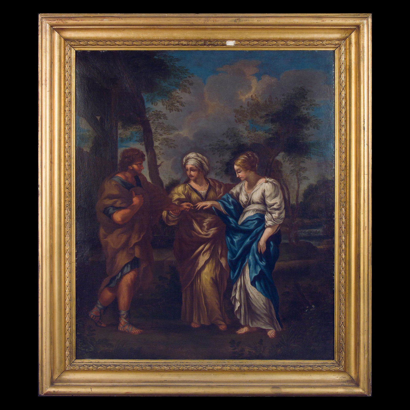Ciro Ferri (Roma 1634 - 1689), ambito di, Matrimonio di Ruth e Boaz: Olio su tela, dimensioni ext. 89x77, int. 73x61 cm.