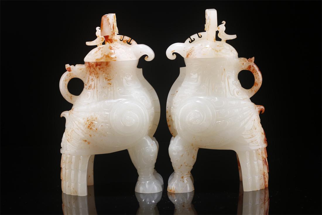 A SET OF ANTIQUE JADE INCENSE BURNERS.: A Set of Antique Jade Bird Shaped Incense Burners.