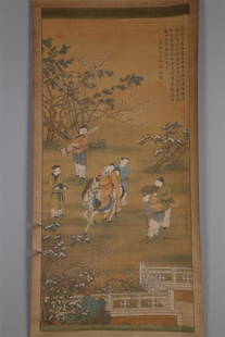 A CHARACTER SCENE PAINTING BY REN RENFA.: Character Scene Painting on Silk, Hand Painted by Ren Renfa.