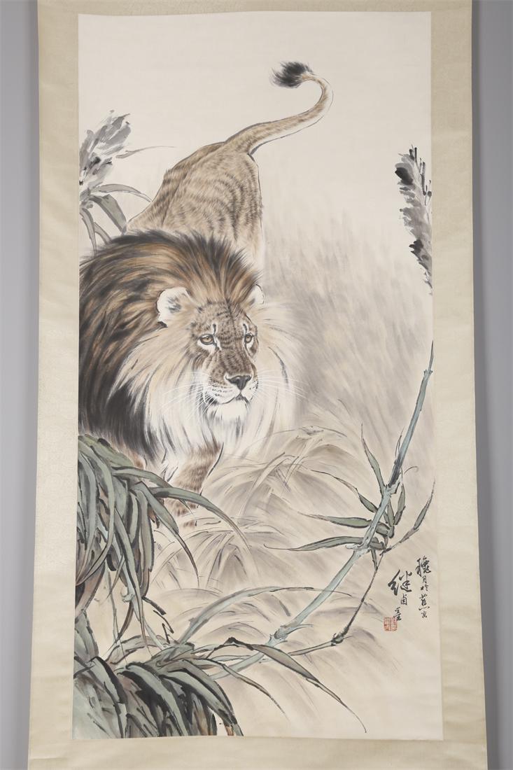 A LION PAINTING ON PAPER BY LIU JIYOU. (1 of 9)