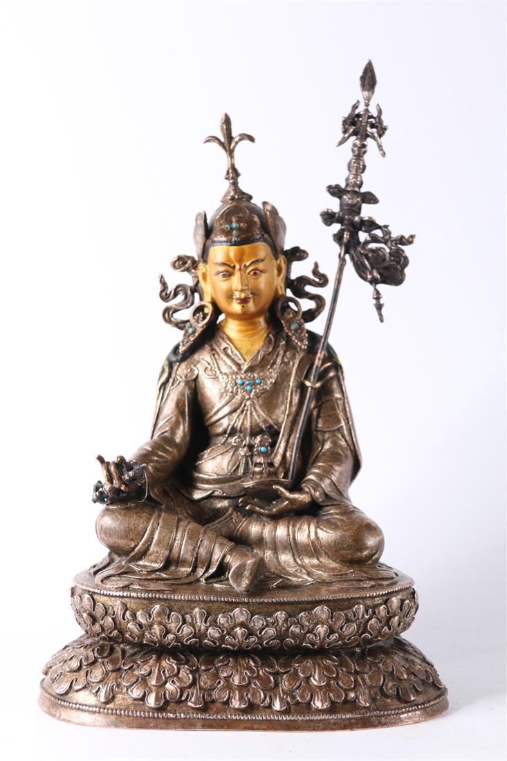 A PADMASAMBHAVA BUDDHA STATUE.: Silvering Copper Padmasambhava Buddha Statue.
