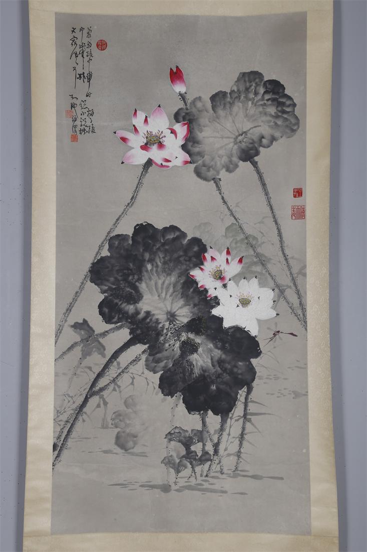 A LOTUS FLOWERS PAINTING ON PAPER BY XU WEI. (1 of 10)