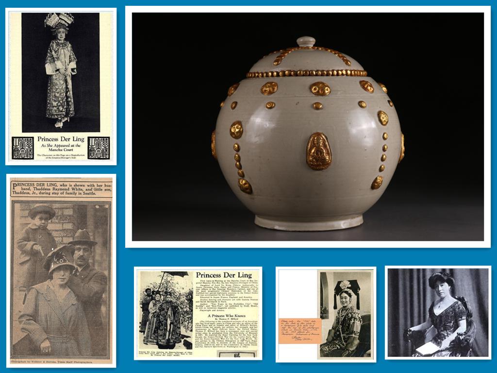 A PORCELAIN LIDDED JAR WITH GOLD SURROUND. (1 of 7)