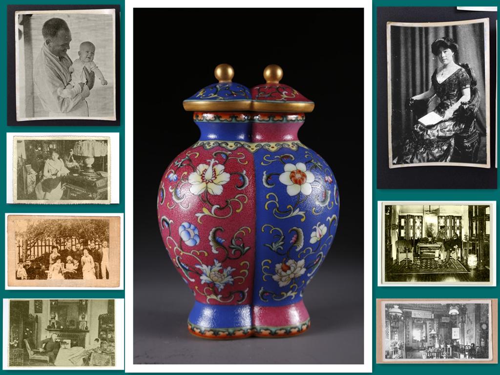 A ROSE PORCELAIN CONJOINED BOTTLE.: Rose Porcelain Conjoined Bottle with Twining Flowers and Plants Design. Provenance: We are very honored to have the consignment from Mr. Ken J. White, whose father was the nephew of Thaddeus C. White,