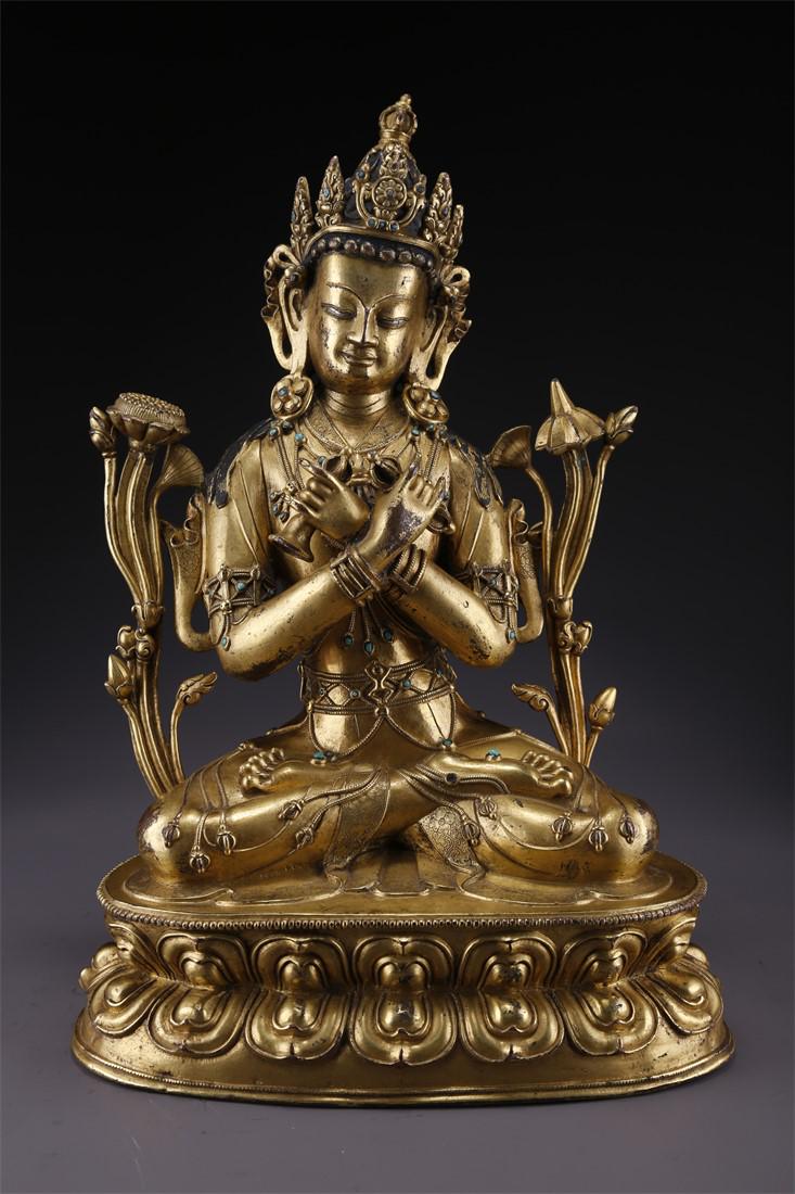 A GILT BRONZE VAJRADHARA BUDDHA STATUE. (1 of 9)
