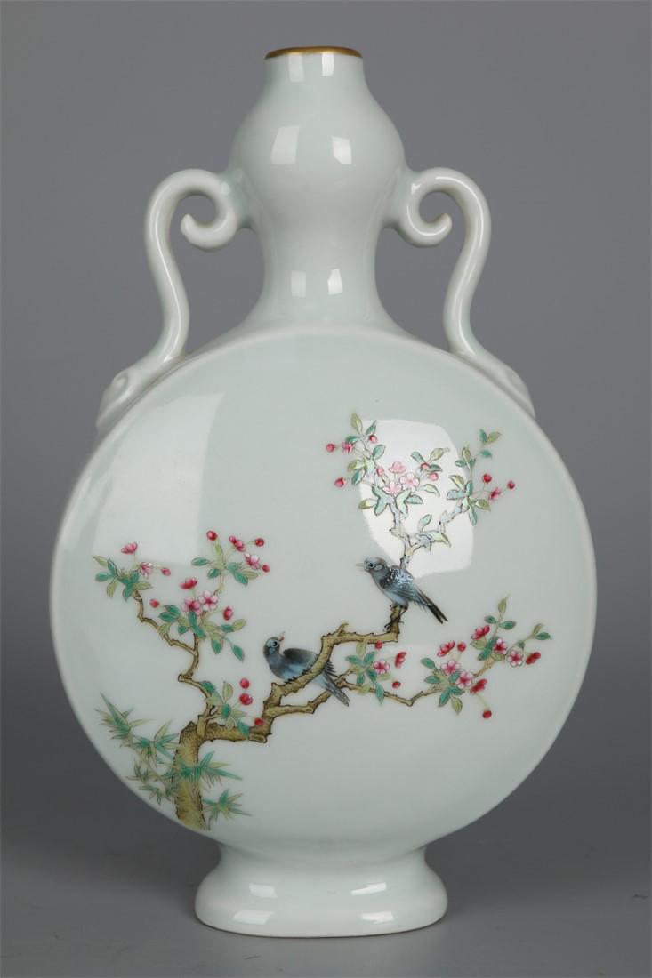 A PORCELAIN MOON BOTTLE WITH MAGPIES MOTIF.: Enameled Porcelain Moon Bottle with Magpies and Plum Blossoms Motif, Represent for Happiness.