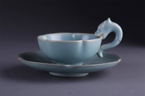 A PORCELAIN CUP WITH SAUCER, RU KILN.: Porcelain Cup with Dragon-Shaped Handle, with Saucer, Ru Kiln.