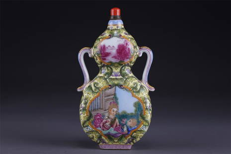 A GOURD-SHAPED PORCELAIN SNUFF BOTTLE.: Enameled Gourd-Shaped Porcelain Snuff Bottle with Western Figure Motif, Ruyi-Shaped Ears.