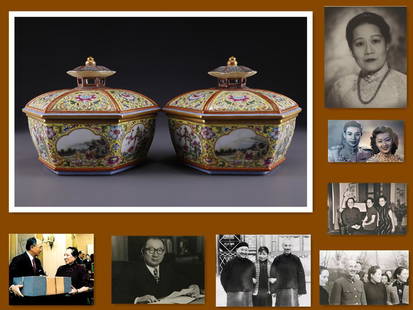 A PAIR OF ROSE PORCELAIN HEXAGONAL LIDDED POTS.: A Pair of Rose Porcelain Hexagonal Lidded Pots, with Twining Flowers and Plants Design, Yellow Base. PROVENANCE: Kung Hsiang-hsi was appointed by Chairman Chiang Kai-shek as the Minister of Finance