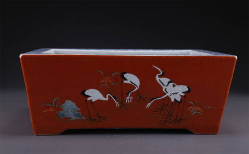 A ROSE PORCELAIN FLOWERPOT WITH CRANES MOTIF.: Rose Porcelain Square Flowerpot with Cranes Motif.