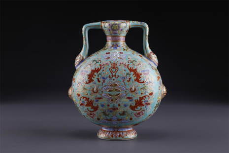 AN ENAMELED GOURD-SHAPED PORCELAIN BOTTLE.: Enameled Gourd-Shaped Porcelain Bottle with Bats and Peaches Design, Ruyi-Shaped Ears, Represent for Happiness and Longevity, Turquoise Base.