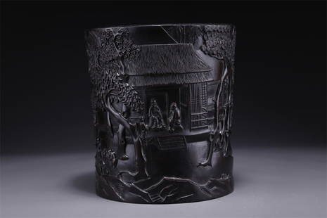 A ROSEWOOD BRUSH POT WITH FIGURE STORY MOTIF.: Rosewood "Dahongsuanzhi" Brush Pot with Carved Figure Story Motif.