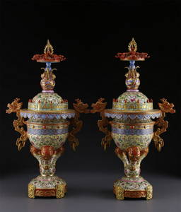 A PAIR OF ROSE PORCELAIN INCENSE BURNERS.