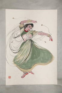 A MAID PAINTING ON PAPER BY A LAO.: Maid Painting on Paper, Hand Painted by A Lao.