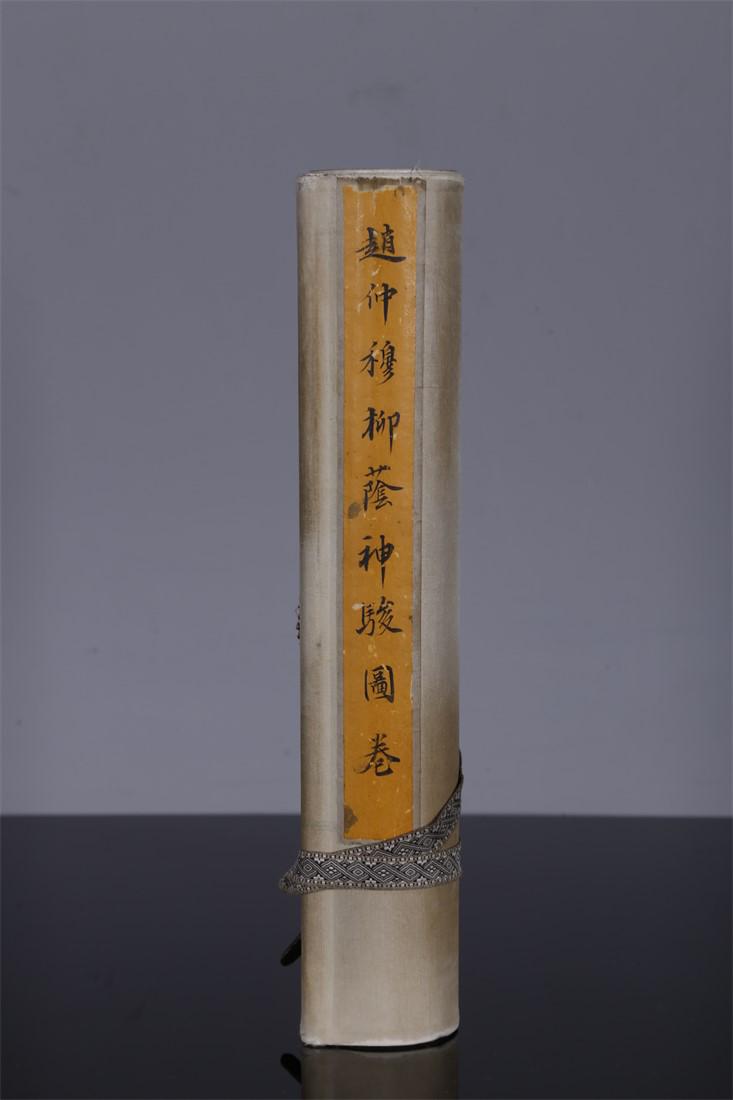 A SILK SCROLL OF FIGURE AND HORSE PAINTING. (1 of 11)