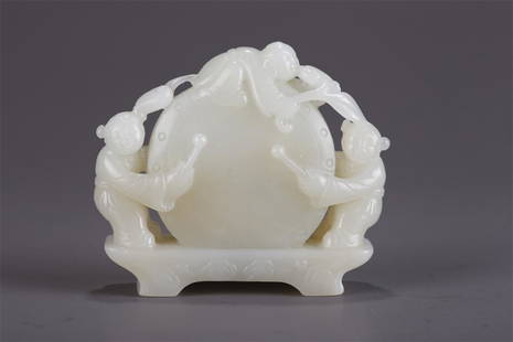 A HETIAN JADE BOYS AND DRUM CARVING ORNAMENT.: Hetian Jade Boys and Drum Carving Ornament, Playing Drum Motif.