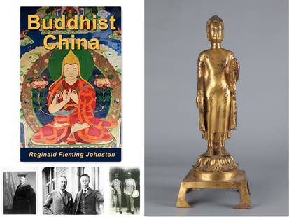 A GILT BRONZE STANDING SAKYAMUNI BUDDHA STATUE.: Gilt Bronze Standing Sakyamuni Buddha Statue.We are very honored to present collections from the Carrall Family, with most acquired from Reginald Johnston’s legacy.Sir Reginald Fleming Johnston