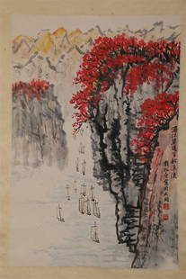 A LANDSCAPE PAINTING ON PAPER BY QIAN SONGYAN.: Landscape Painting on Paper, Hand Painted by Qian Songyan.