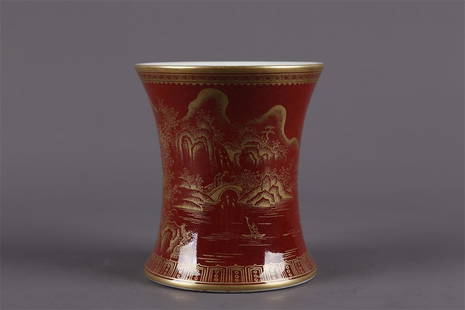 A RUBY RED GLAZED PORCELAIN BRUSH POT.: Ruby Red Glazed Porcelain Brush Pot with Golden Landscape Design.