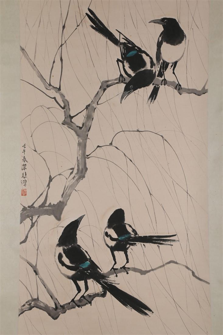 A BIRDS PAINTING ON PAPER BY XU BEIHONG.: Birds Painting on Paper, Hand Painted by Xu Beihong.