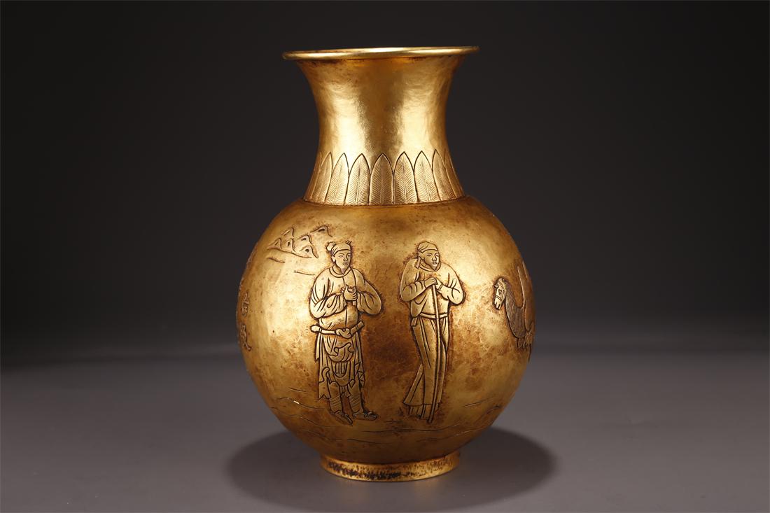 A GILT BRONZE BOTTLE WITH FIGURE DESIGN. (1 of 10)