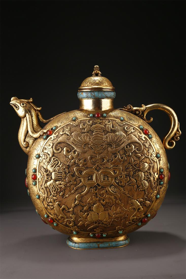 A GILT BRONZE FLAT POT WITH PEACHES DESIGN. (1 of 11)