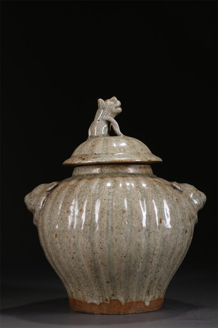 A LIDDED JAR WITH BEAST-SHAPED EARS, RU KILN. (1 of 7)