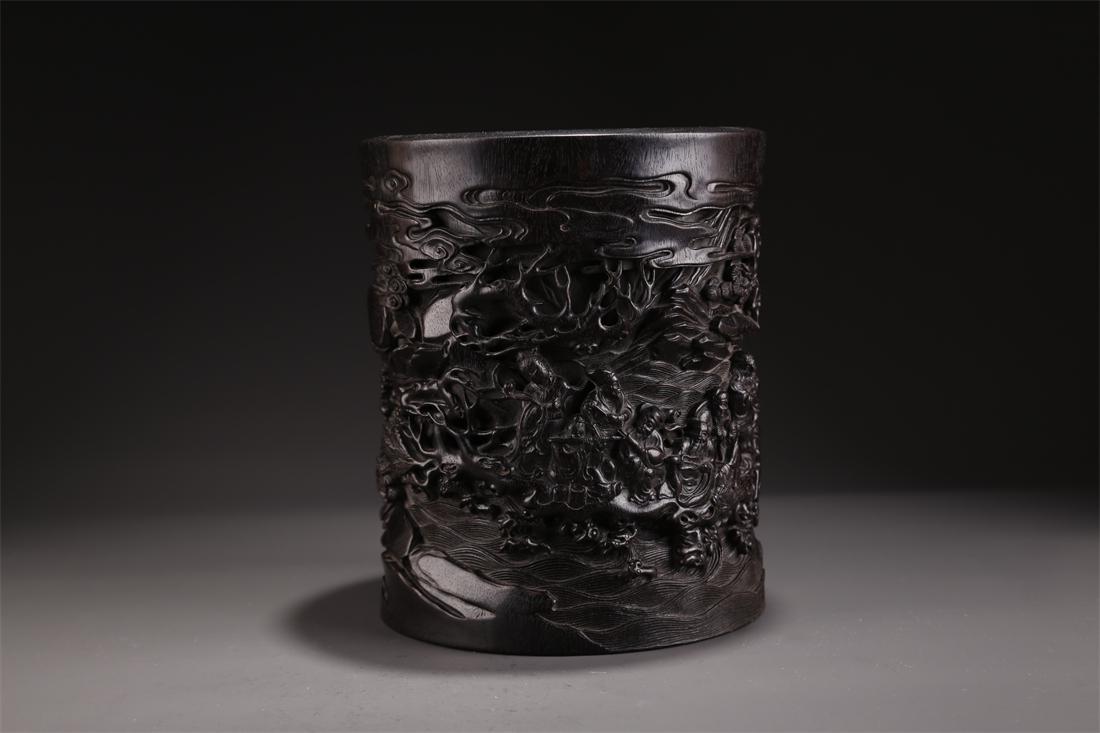 A NARRA WOOD BRUSH POT WITH IMMORTALS DESIGN. (1 of 9)