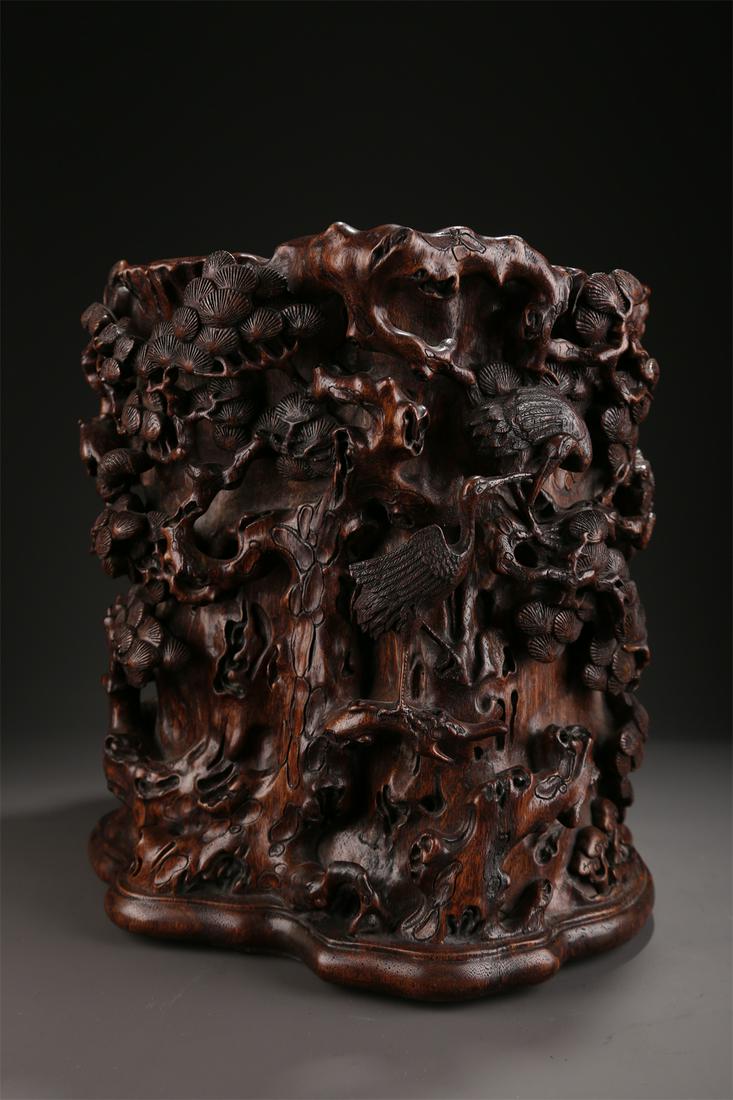 AN AGALWOOD BRUSH POT WITH PINE&CRANES DESIGN. (1 of 11)