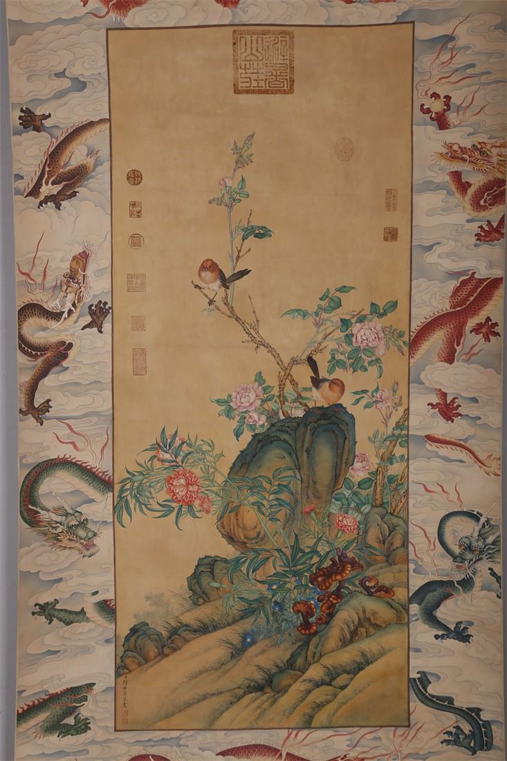 A FLOWERS AND BIRDS PAINTING BY LANG SHINING. (1 of 11)