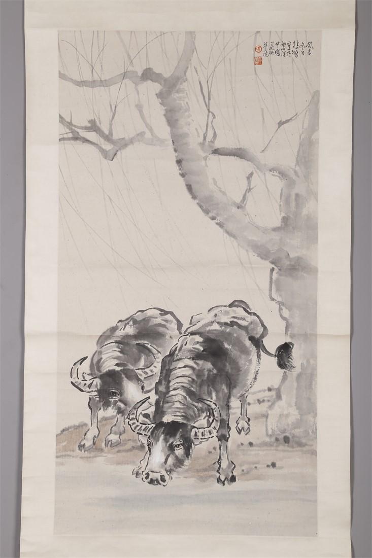 A BUFFALO PAINTING ON PAPER BY XU BEIHONG. (1 of 7)