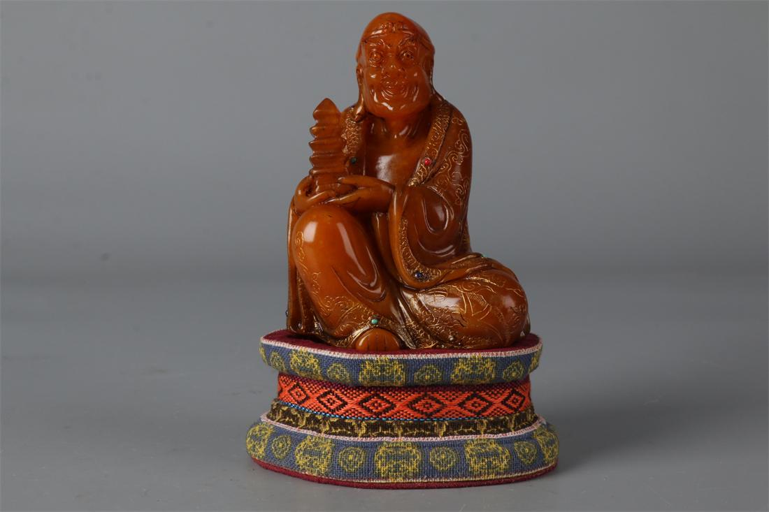 A SHOUSHAN FIELD-YELLOW STONE ARHAT CARVING. (1 of 9)