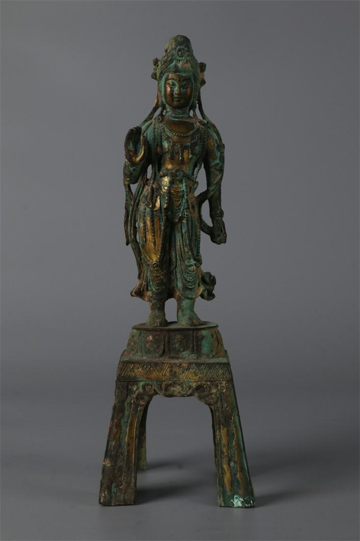 A BRONZE BUDDHA STATUE WITH STOOL PEDESTAL. (1 of 9)