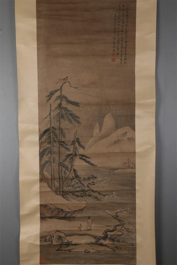 A PINES AND FIGURE PAINTING ON PAPER BY LU ZHI.: Pines and Figure Painting on Paper, Hand Painted by Lu Zhi.