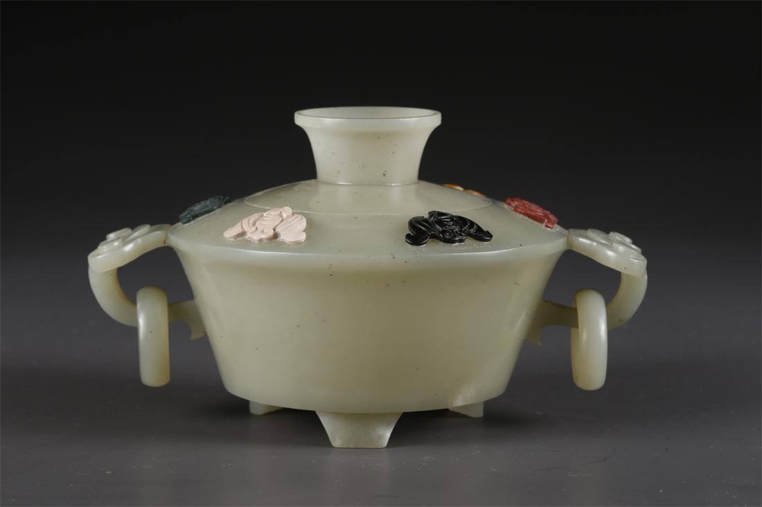 A HETIAN JADE CENSER, INLAID WITH JEWELS. (1 of 9)
