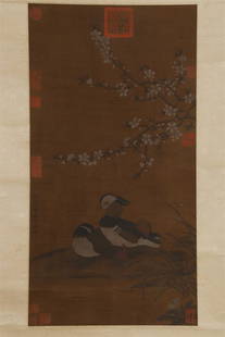 A MANDARIN DUCKS PAINTING BY WU BING.: Chinese Mandarin Ducks Painting on Silk, Hand Painted by Wu Bing.