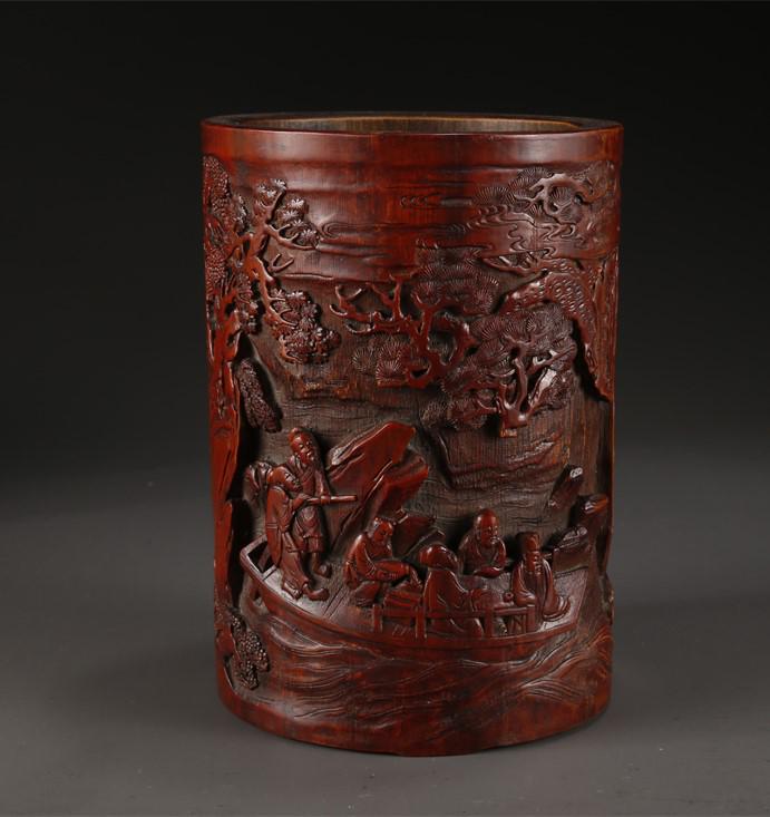 A BAMBOO BRUSH POT WITH FIGURE DESIGN. (1 of 9)