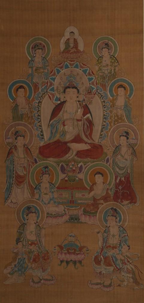 A BUDDHA PAINTING ON SILK. (1 of 7)