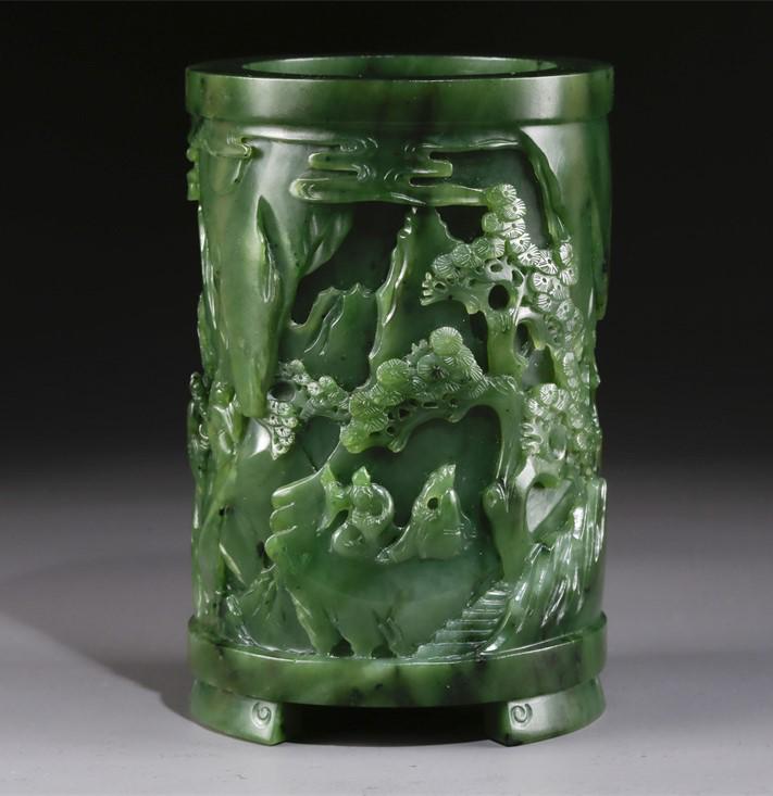 A HETIAN JASPER BRUSH POT WITH PINE DESIGN. (1 of 9)