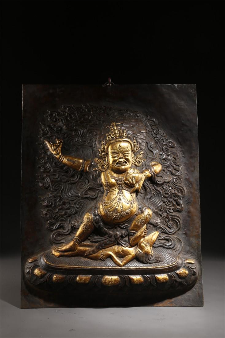 A TIBETAN COPPER MAHAKALA BUDDHA PLATE. (1 of 6)