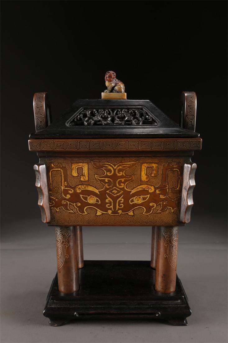 A COPPER CENSER WITH GLOD AND SILVER INLAY. (1 of 9)