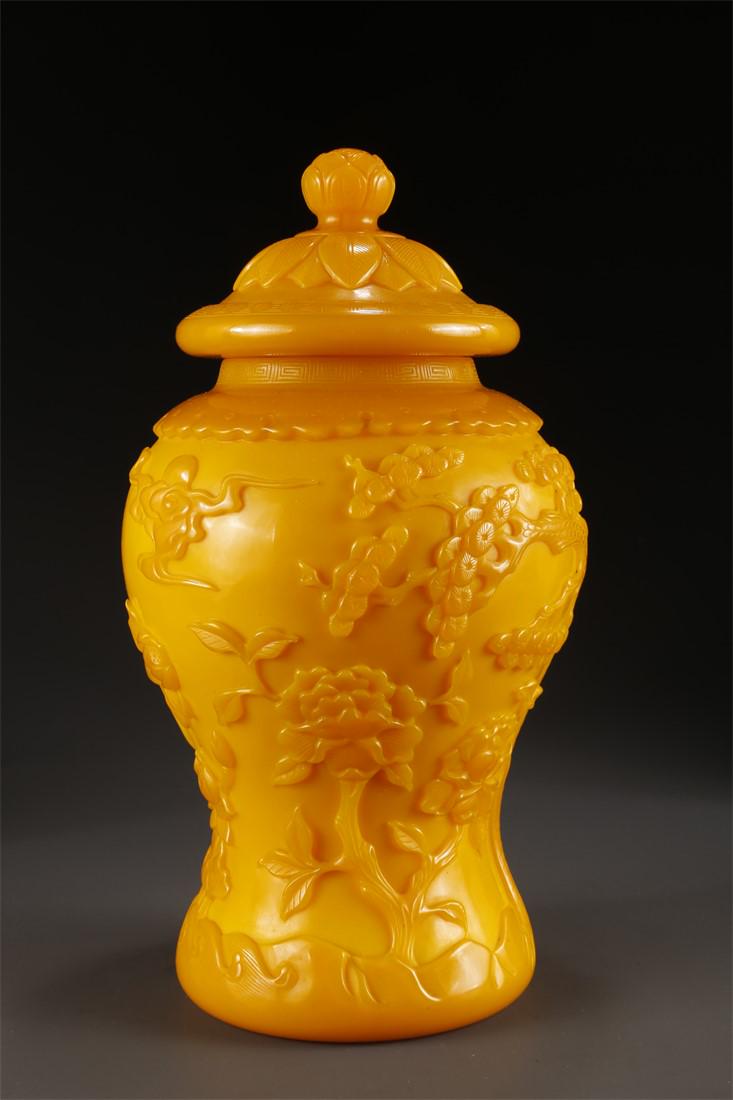 A GLASS LIDDED JAR WITH PINE AND CRANE DESIGN. (1 of 9)