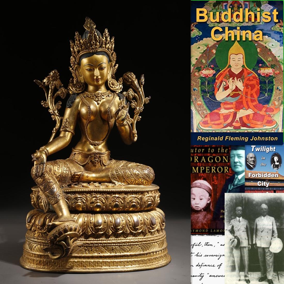 A TIBETAN GILT COPPER GREEN TARA BUDDHA STATUE. (1 of 10)