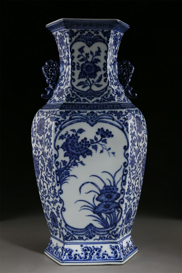 A BLUE-AND-WHITE PORCELAIN HEXAGONAL BOTTLE. (1 of 9)
