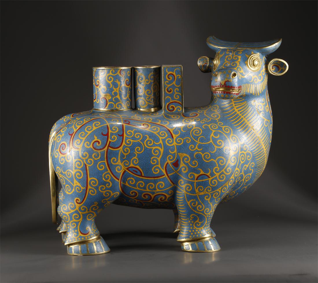 A CLOISONNE ENAMELED COPPER BULL STATUE. (1 of 10)